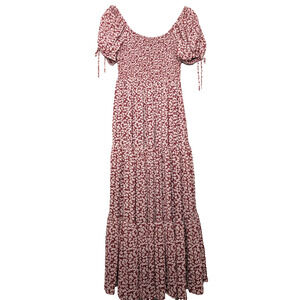 Red Dainty Floral Smocked Prairie Peasant Tiered Hem Puff Sleeve Maxi Dress S